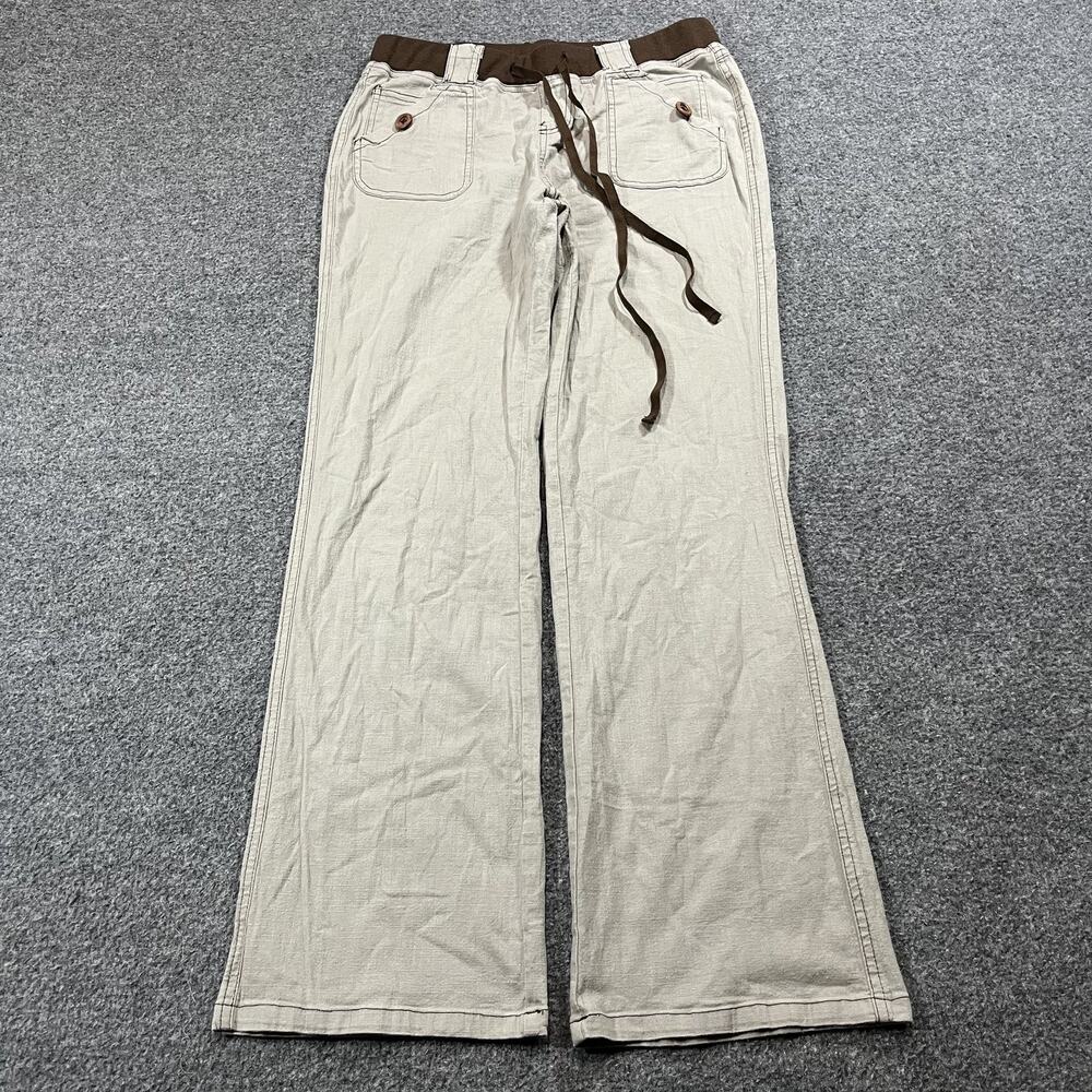 Flamingals Pants Womens Medium Beige Drawstring Stretch Elastic Waist Wide Leg